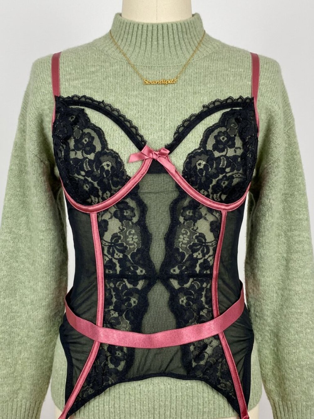Adore Me Mesh Lace Satin Unlined Corset Teddy Bodysuit With Garter